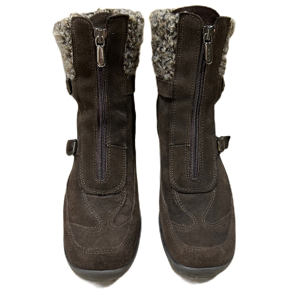 Aquatalia Sz 6.5 Womens Brown Suede Shearling Trim Zip Ankle Boots Chocolate